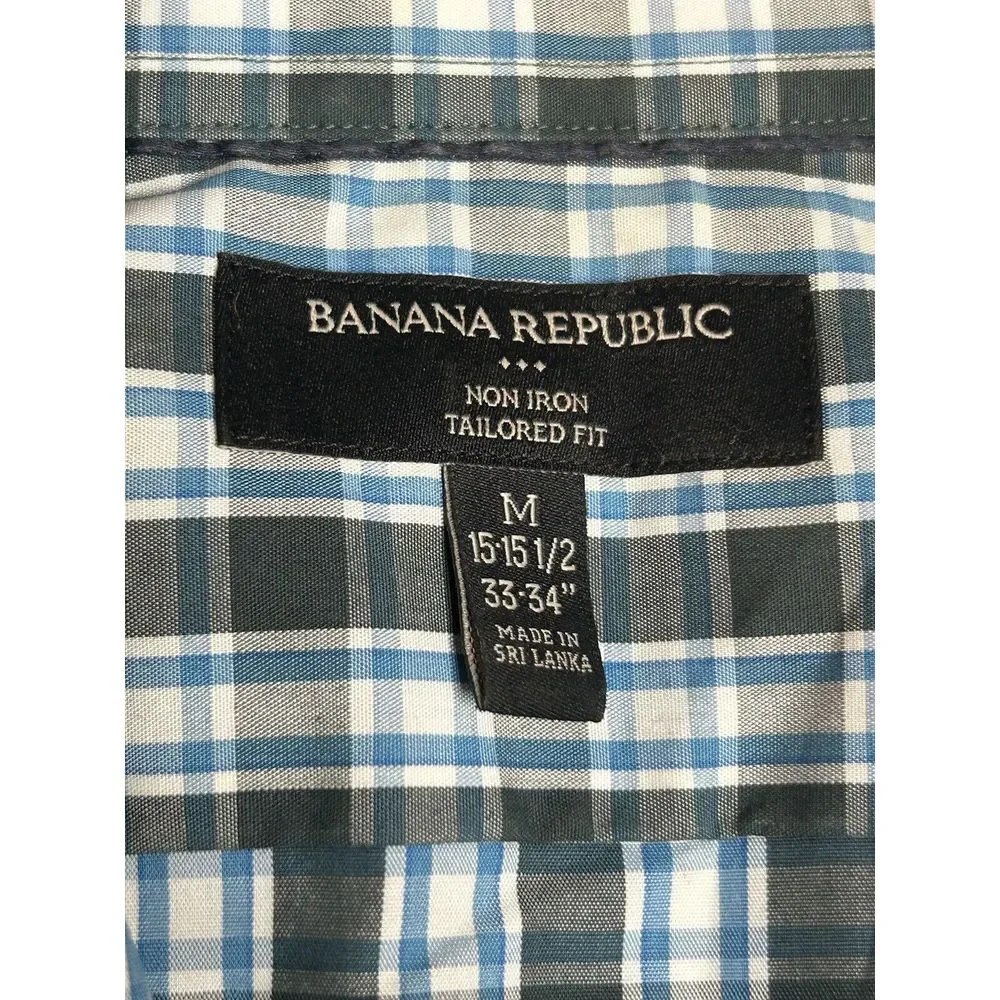 Banana Republic Mens Tailored‎ Fit Medium Long Sleeve Blue Plaid Button Up Shirt